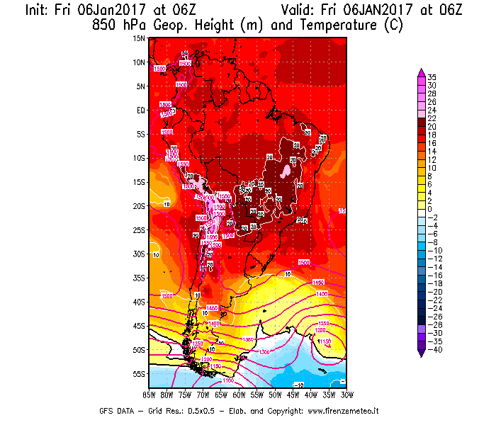 Mappa di analisi GFS - Geopotenziale [m] e Temperatura [°C] a 850 hPa in Sud-America
							del 06/01/2017 06 <!--googleoff: index-->UTC<!--googleon: index-->
