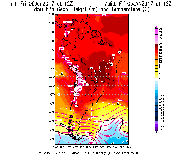 Mappa di analisi GFS - Geopotenziale [m] e Temperatura [°C] a 850 hPa in Sud-America
							del 06/01/2017 12 <!--googleoff: index-->UTC<!--googleon: index-->