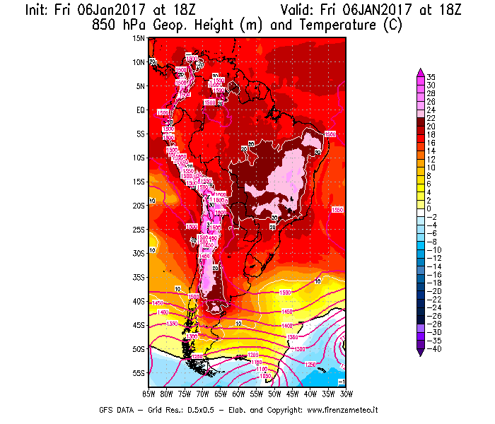 Mappa di analisi GFS - Geopotenziale [m] e Temperatura [°C] a 850 hPa in Sud-America
							del 06/01/2017 18 <!--googleoff: index-->UTC<!--googleon: index-->