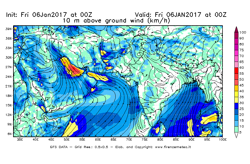 Mappa di analisi GFS - Velocità del vento a 10 metri dal suolo [km/h] in Asia Sud-Occidentale
							del 06/01/2017 00 <!--googleoff: index-->UTC<!--googleon: index-->