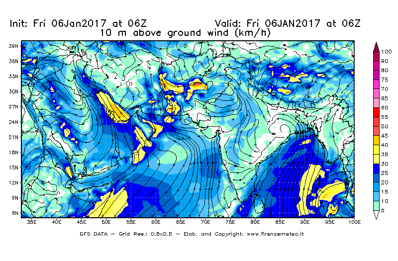 Mappa di analisi GFS - Velocità del vento a 10 metri dal suolo [km/h] in Asia Sud-Occidentale
							del 06/01/2017 06 <!--googleoff: index-->UTC<!--googleon: index-->