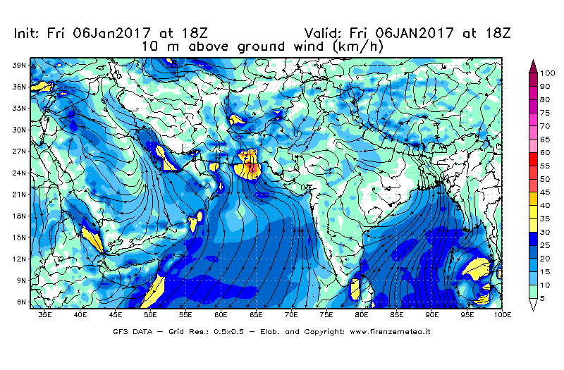 Mappa di analisi GFS - Velocità del vento a 10 metri dal suolo [km/h] in Asia Sud-Occidentale
							del 06/01/2017 18 <!--googleoff: index-->UTC<!--googleon: index-->