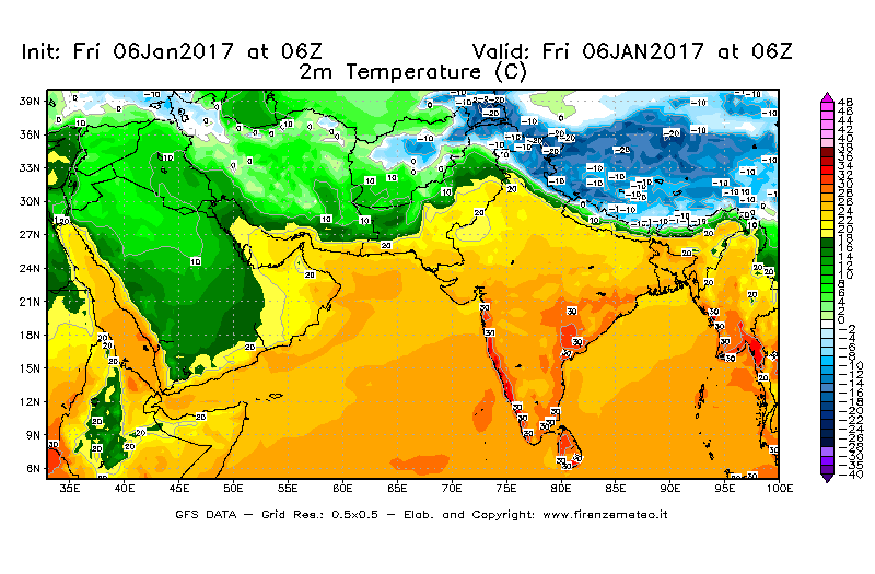 Mappa di analisi GFS - Temperatura a 2 metri dal suolo [°C] in Asia Sud-Occidentale
									del 06/01/2017 06 <!--googleoff: index-->UTC<!--googleon: index-->