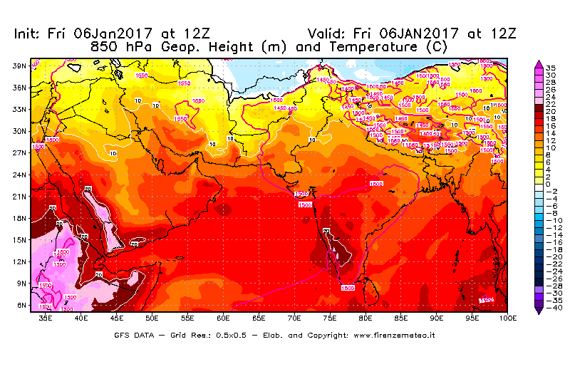 Mappa di analisi GFS - Geopotenziale [m] e Temperatura [°C] a 850 hPa in Asia Sud-Occidentale
							del 06/01/2017 12 <!--googleoff: index-->UTC<!--googleon: index-->