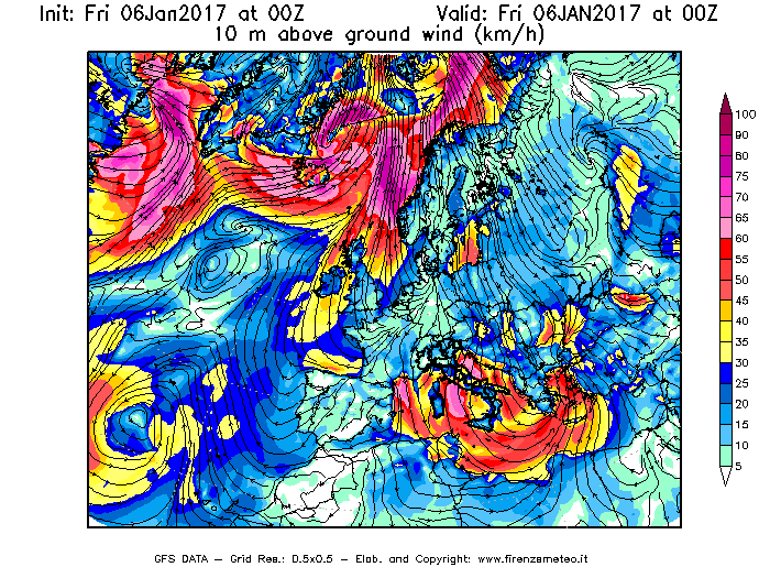 Mappa di analisi GFS - Velocità del vento a 10 metri dal suolo [km/h] in Europa
							del 06/01/2017 00 <!--googleoff: index-->UTC<!--googleon: index-->
