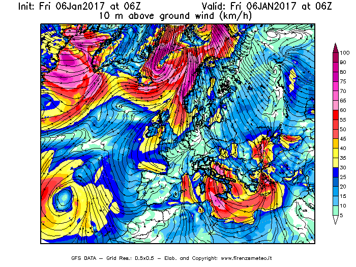 Mappa di analisi GFS - Velocità del vento a 10 metri dal suolo [km/h] in Europa
							del 06/01/2017 06 <!--googleoff: index-->UTC<!--googleon: index-->