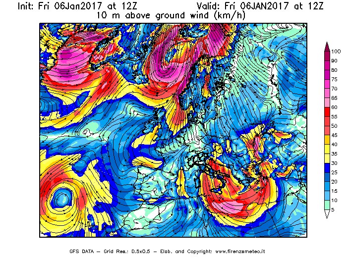 Mappa di analisi GFS - Velocità del vento a 10 metri dal suolo [km/h] in Europa
									del 06/01/2017 12 <!--googleoff: index-->UTC<!--googleon: index-->