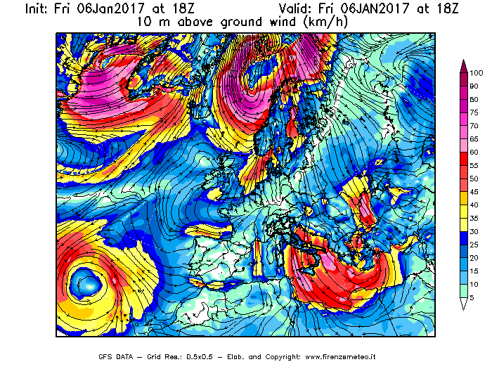 Mappa di analisi GFS - Velocità del vento a 10 metri dal suolo [km/h] in Europa
							del 06/01/2017 18 <!--googleoff: index-->UTC<!--googleon: index-->