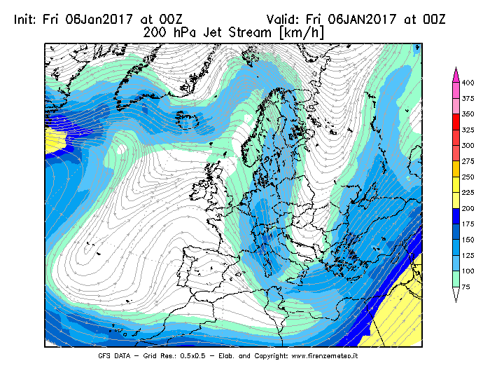 Mappa di analisi GFS - Jet Stream a 200 hPa in Europa
							del 06/01/2017 00 <!--googleoff: index-->UTC<!--googleon: index-->