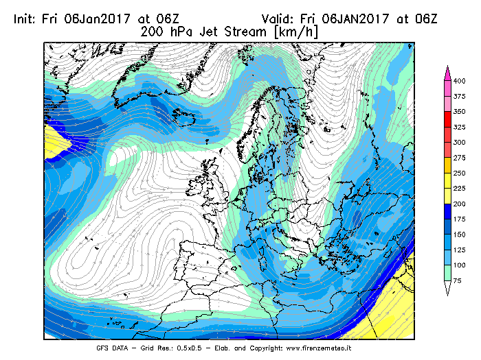 Mappa di analisi GFS - Jet Stream a 200 hPa in Europa
							del 06/01/2017 06 <!--googleoff: index-->UTC<!--googleon: index-->