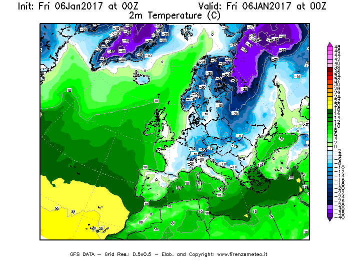 Mappa di analisi GFS - Temperatura a 2 metri dal suolo [°C] in Europa
							del 06/01/2017 00 <!--googleoff: index-->UTC<!--googleon: index-->