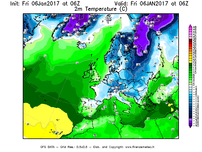 Mappa di analisi GFS - Temperatura a 2 metri dal suolo [°C] in Europa
							del 06/01/2017 06 <!--googleoff: index-->UTC<!--googleon: index-->