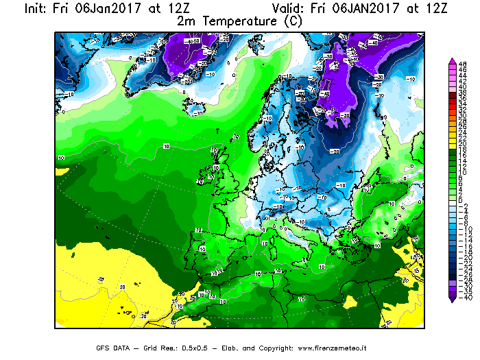 Mappa di analisi GFS - Temperatura a 2 metri dal suolo [°C] in Europa
							del 06/01/2017 12 <!--googleoff: index-->UTC<!--googleon: index-->