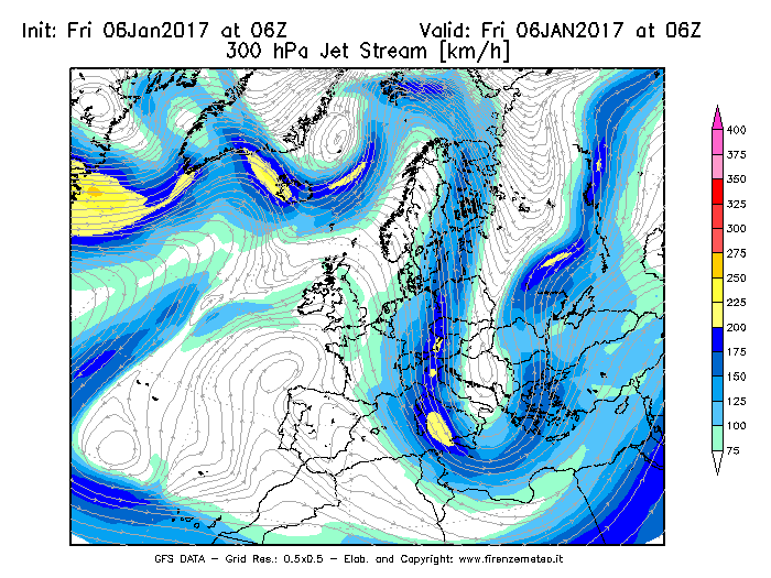Mappa di analisi GFS - Jet Stream a 300 hPa in Europa
									del 06/01/2017 06 <!--googleoff: index-->UTC<!--googleon: index-->