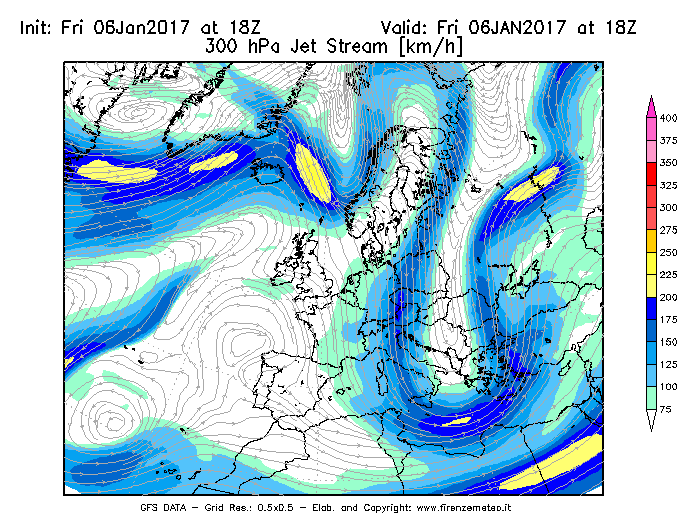Mappa di analisi GFS - Jet Stream a 300 hPa in Europa
							del 06/01/2017 18 <!--googleoff: index-->UTC<!--googleon: index-->