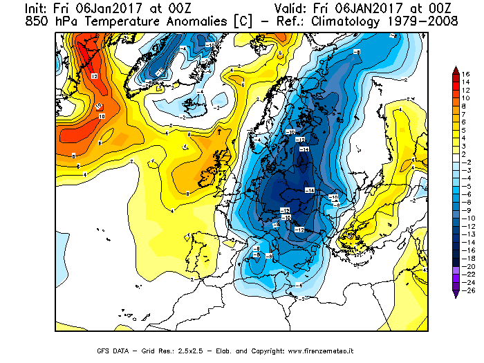Mappa di analisi GFS - Anomalia Temperatura [°C] a 850 hPa in Europa
							del 06/01/2017 00 <!--googleoff: index-->UTC<!--googleon: index-->