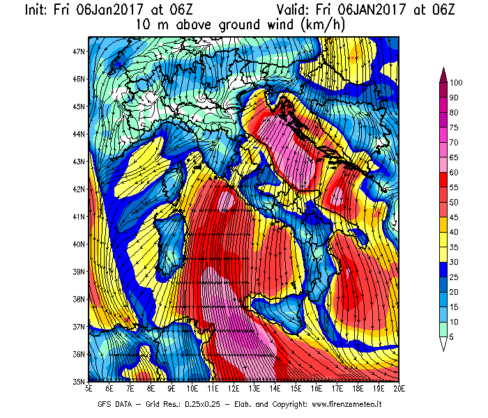 Mappa di analisi GFS - Velocità del vento a 10 metri dal suolo [km/h] in Italia
									del 06/01/2017 06 <!--googleoff: index-->UTC<!--googleon: index-->