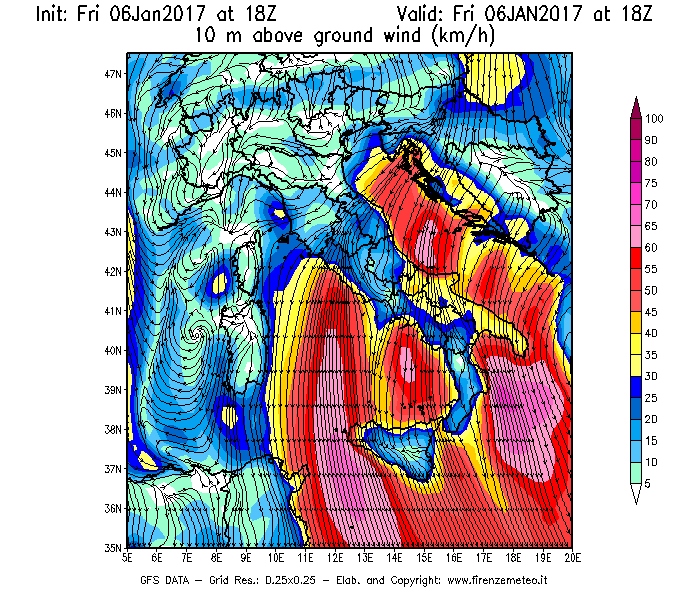 Mappa di analisi GFS - Velocità del vento a 10 metri dal suolo [km/h] in Italia
							del 06/01/2017 18 <!--googleoff: index-->UTC<!--googleon: index-->