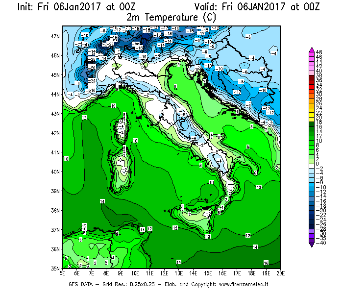 Mappa di analisi GFS - Temperatura a 2 metri dal suolo [°C] in Italia
							del 06/01/2017 00 <!--googleoff: index-->UTC<!--googleon: index-->