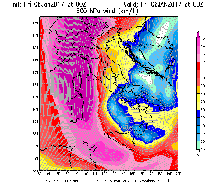 Mappa di analisi GFS - Velocità del vento a 500 hPa [km/h] in Italia
							del 06/01/2017 00 <!--googleoff: index-->UTC<!--googleon: index-->