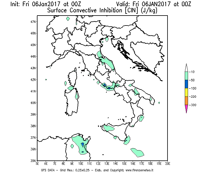 Mappa di analisi GFS - CIN [J/kg] in Italia
									del 06/01/2017 00 <!--googleoff: index-->UTC<!--googleon: index-->