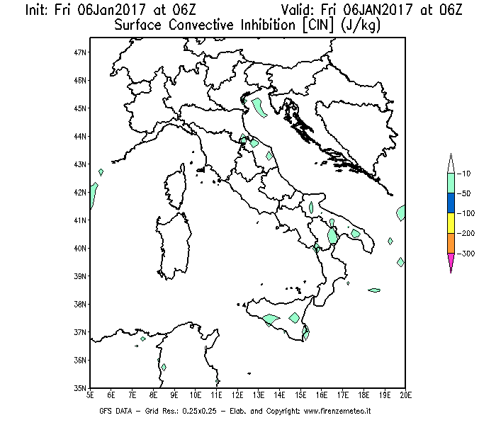 Mappa di analisi GFS - CIN [J/kg] in Italia
							del 06/01/2017 06 <!--googleoff: index-->UTC<!--googleon: index-->