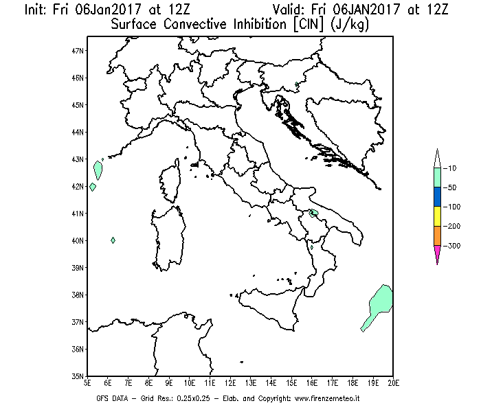 Mappa di analisi GFS - CIN [J/kg] in Italia
							del 06/01/2017 12 <!--googleoff: index-->UTC<!--googleon: index-->