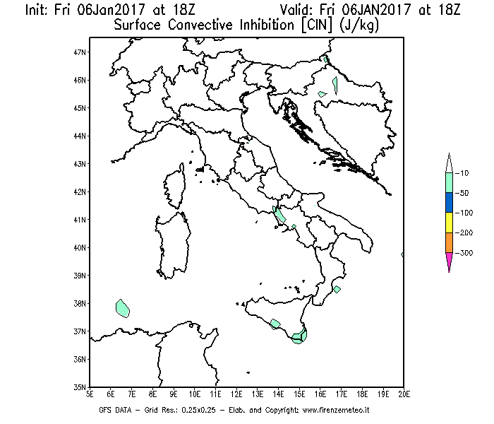 Mappa di analisi GFS - CIN [J/kg] in Italia
							del 06/01/2017 18 <!--googleoff: index-->UTC<!--googleon: index-->