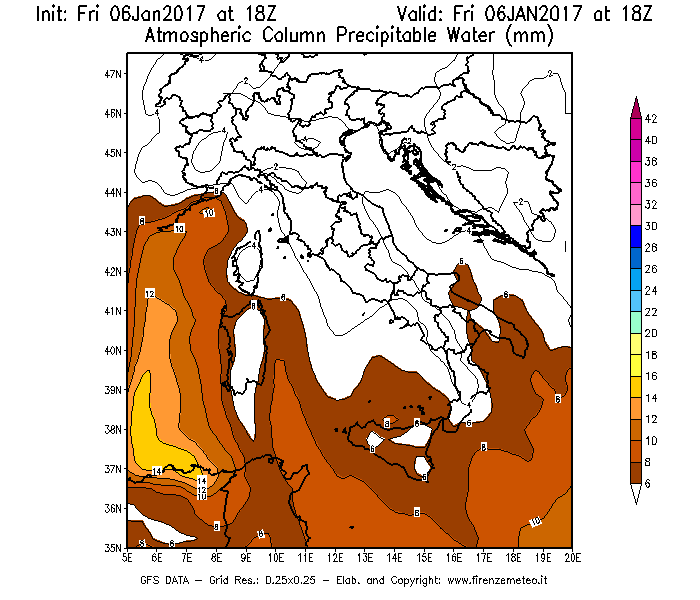 Mappa di analisi GFS - Precipitable Water [mm] in Italia
									del 06/01/2017 18 <!--googleoff: index-->UTC<!--googleon: index-->