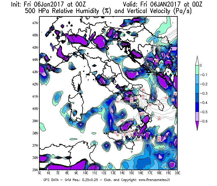 Mappa di analisi GFS - Umidità relativa [%] e Omega [Pa/s] a 500 hPa in Italia
							del 06/01/2017 00 <!--googleoff: index-->UTC<!--googleon: index-->