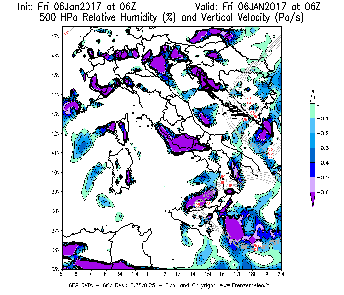 Mappa di analisi GFS - Umidità relativa [%] e Omega [Pa/s] a 500 hPa in Italia
							del 06/01/2017 06 <!--googleoff: index-->UTC<!--googleon: index-->