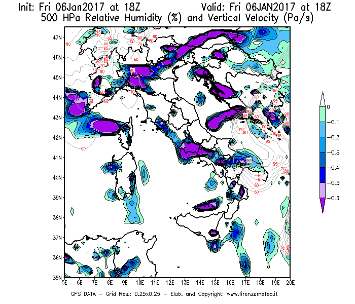 Mappa di analisi GFS - Umidità relativa [%] e Omega [Pa/s] a 500 hPa in Italia
							del 06/01/2017 18 <!--googleoff: index-->UTC<!--googleon: index-->