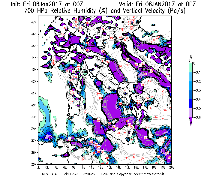 Mappa di analisi GFS - Umidità relativa [%] e Omega [Pa/s] a 700 hPa in Italia
									del 06/01/2017 00 <!--googleoff: index-->UTC<!--googleon: index-->