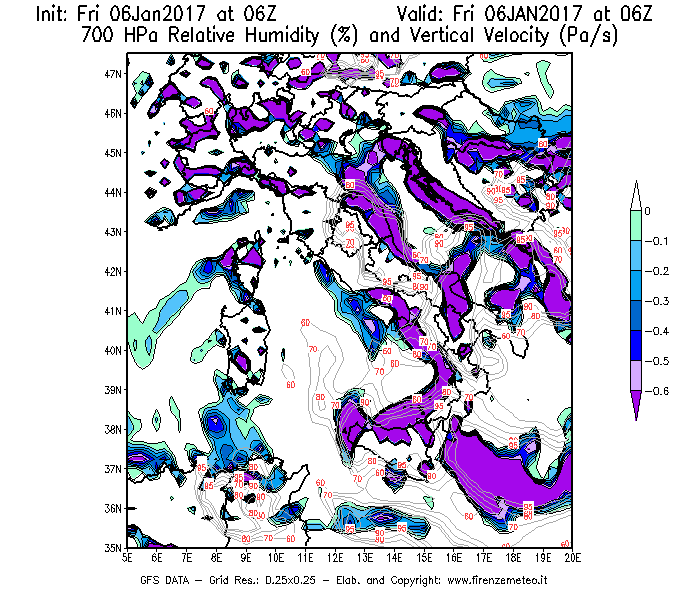 Mappa di analisi GFS - Umidità relativa [%] e Omega [Pa/s] a 700 hPa in Italia
							del 06/01/2017 06 <!--googleoff: index-->UTC<!--googleon: index-->