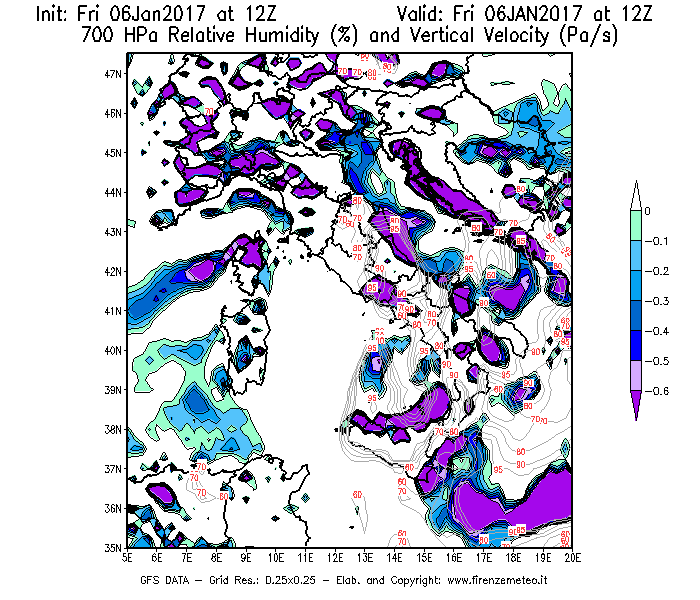 Mappa di analisi GFS - Umidità relativa [%] e Omega [Pa/s] a 700 hPa in Italia
							del 06/01/2017 12 <!--googleoff: index-->UTC<!--googleon: index-->