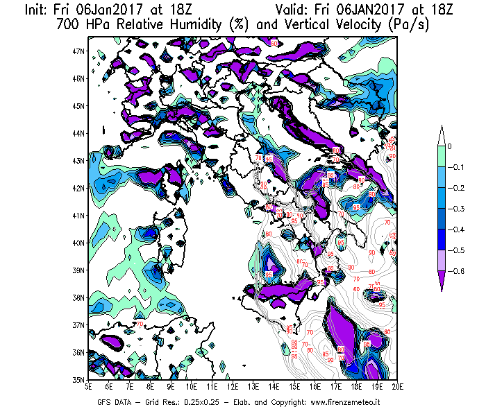 Mappa di analisi GFS - Umidità relativa [%] e Omega [Pa/s] a 700 hPa in Italia
							del 06/01/2017 18 <!--googleoff: index-->UTC<!--googleon: index-->