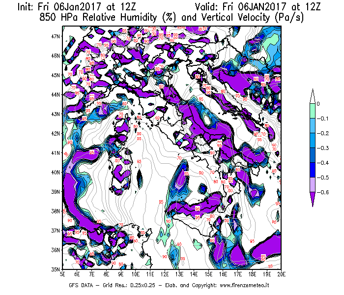 Mappa di analisi GFS - Umidità relativa [%] e Omega [Pa/s] a 850 hPa in Italia
							del 06/01/2017 12 <!--googleoff: index-->UTC<!--googleon: index-->