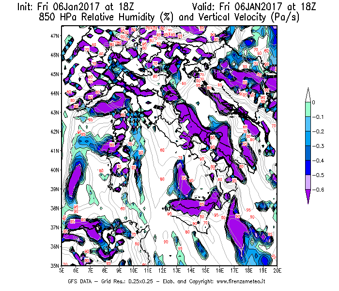 Mappa di analisi GFS - Umidità relativa [%] e Omega [Pa/s] a 850 hPa in Italia
									del 06/01/2017 18 <!--googleoff: index-->UTC<!--googleon: index-->