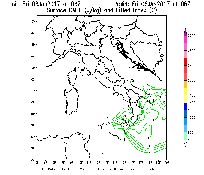 Mappa di analisi GFS - CAPE [J/kg] e Lifted Index [°C] in Italia
									del 06/01/2017 06 <!--googleoff: index-->UTC<!--googleon: index-->