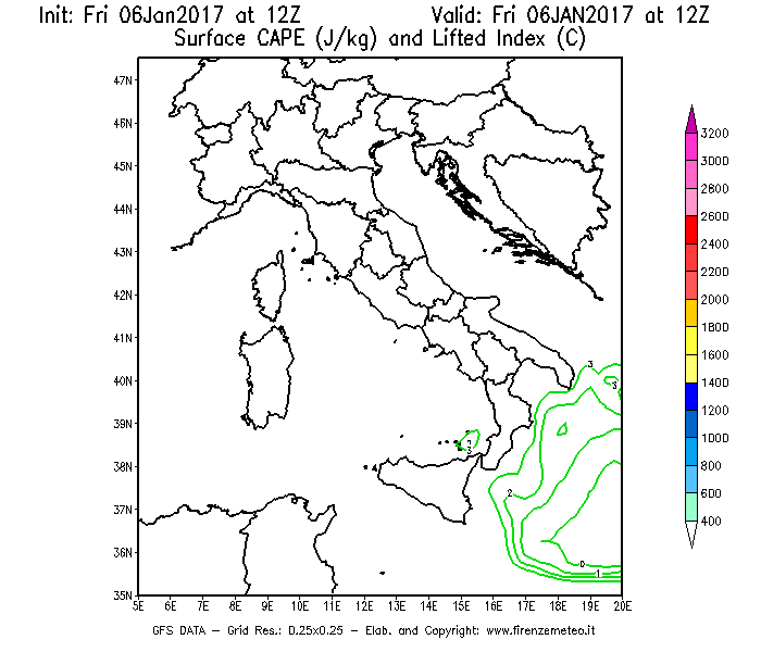 Mappa di analisi GFS - CAPE [J/kg] e Lifted Index [°C] in Italia
									del 06/01/2017 12 <!--googleoff: index-->UTC<!--googleon: index-->