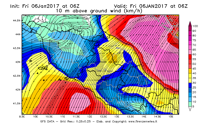 Mappa di analisi GFS - Velocità del vento a 10 metri dal suolo [km/h] in Centro-Italia
							del 06/01/2017 06 <!--googleoff: index-->UTC<!--googleon: index-->
