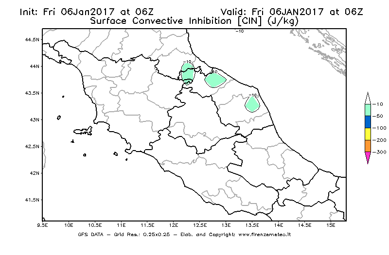 Mappa di analisi GFS - CIN [J/kg] in Centro-Italia
							del 06/01/2017 06 <!--googleoff: index-->UTC<!--googleon: index-->