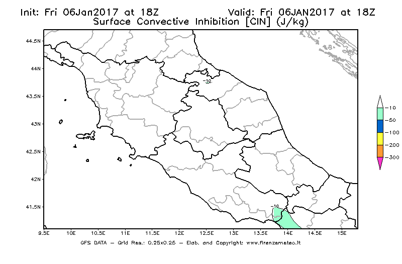 Mappa di analisi GFS - CIN [J/kg] in Centro-Italia
									del 06/01/2017 18 <!--googleoff: index-->UTC<!--googleon: index-->