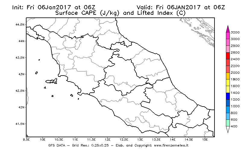 Mappa di analisi GFS - CAPE [J/kg] e Lifted Index [°C] in Centro-Italia
							del 06/01/2017 06 <!--googleoff: index-->UTC<!--googleon: index-->