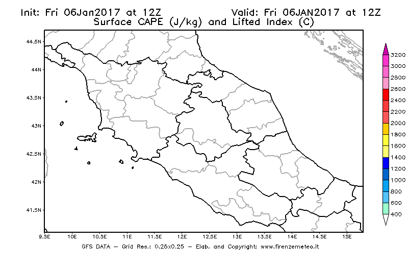 Mappa di analisi GFS - CAPE [J/kg] e Lifted Index [°C] in Centro-Italia
							del 06/01/2017 12 <!--googleoff: index-->UTC<!--googleon: index-->