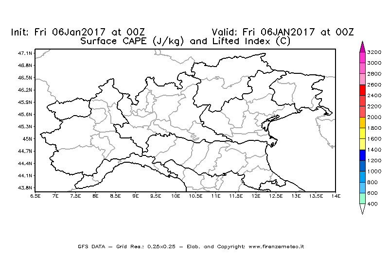 Mappa di analisi GFS - CAPE [J/kg] e Lifted Index [°C] in Nord-Italia
							del 06/01/2017 00 <!--googleoff: index-->UTC<!--googleon: index-->