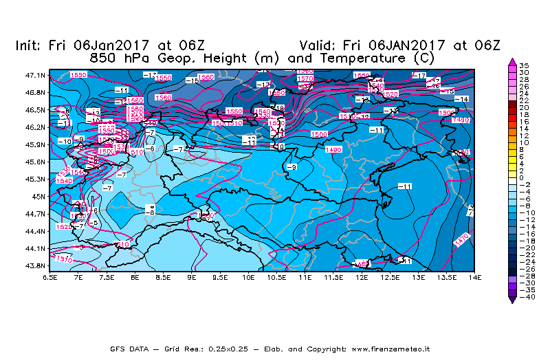 Mappa di analisi GFS - Geopotenziale [m] e Temperatura [°C] a 850 hPa in Nord-Italia
							del 06/01/2017 06 <!--googleoff: index-->UTC<!--googleon: index-->