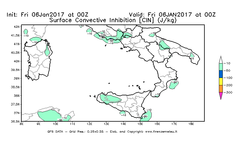 Mappa di analisi GFS - CIN [J/kg] in Sud-Italia
							del 06/01/2017 00 <!--googleoff: index-->UTC<!--googleon: index-->