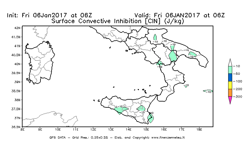 Mappa di analisi GFS - CIN [J/kg] in Sud-Italia
							del 06/01/2017 06 <!--googleoff: index-->UTC<!--googleon: index-->