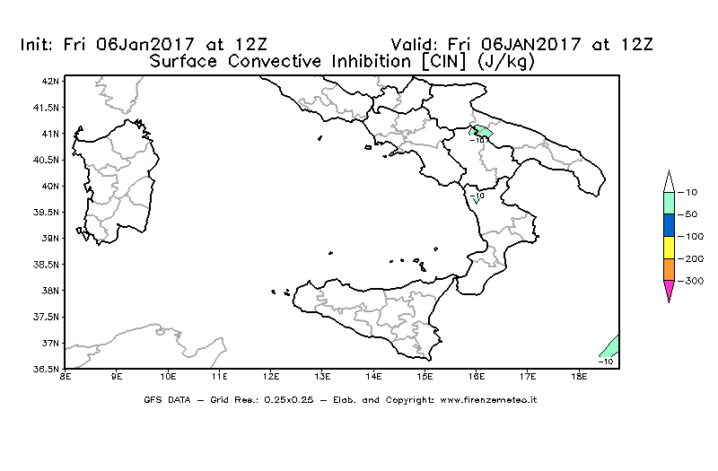 Mappa di analisi GFS - CIN [J/kg] in Sud-Italia
									del 06/01/2017 12 <!--googleoff: index-->UTC<!--googleon: index-->